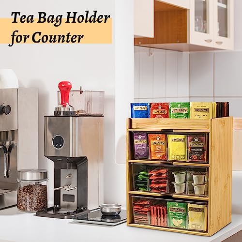 TIMIEEYA Tea Bag Organizer - Bamboo Tea Storage Organizer With Drawer 3 Layer, Tea Organizer for Tea Bags Natural Wood & Acrylic for Countertop Office Kitchen Cabinet Pantry