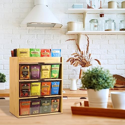 TIMIEEYA Tea Bag Organizer - Bamboo Tea Storage Organizer With Drawer 3 Layer, Tea Organizer for Tea Bags Natural Wood & Acrylic for Countertop Office Kitchen Cabinet Pantry